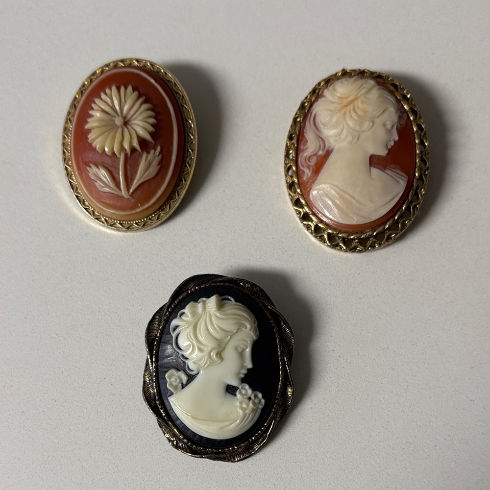 Elegant Cameo Brooch Set - Gold and Black